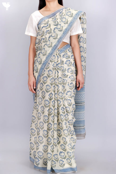 Kota Doria Saree In Floral Block Print